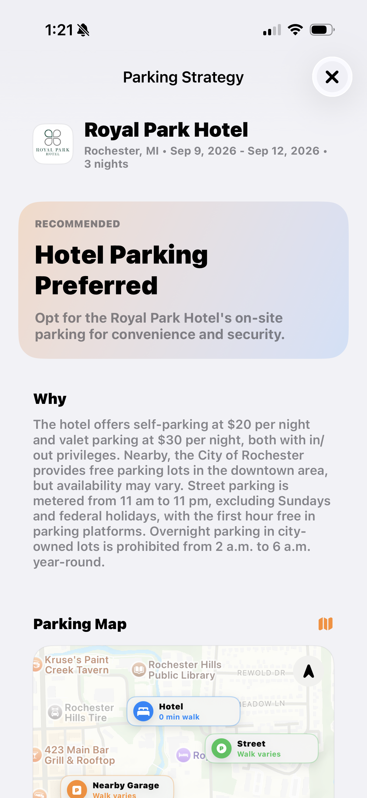 Stayed Parking Strategy screen showing recommended hotel parking and a parking map