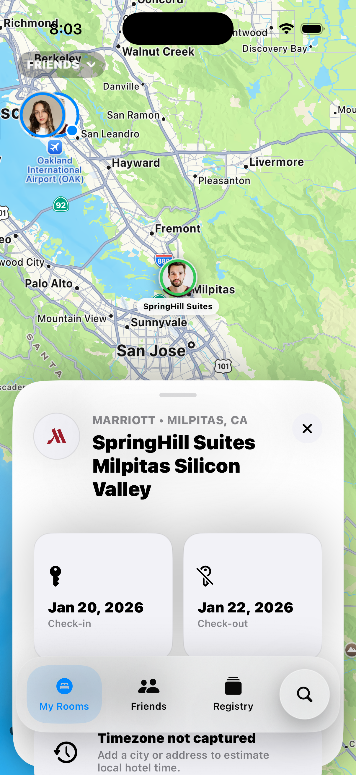 Stayed app map view showing a SpringHill Suites stay in Milpitas